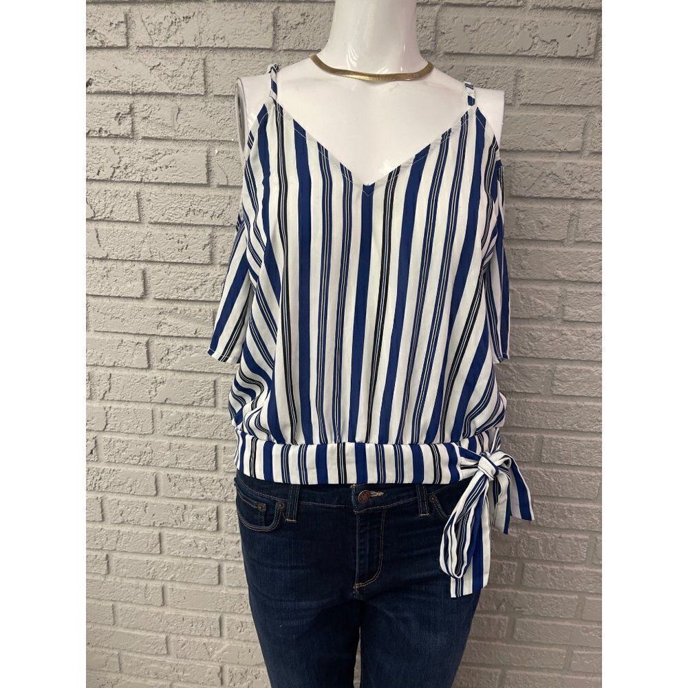 New York & Company Striped Cold Shoulder Top Size S
